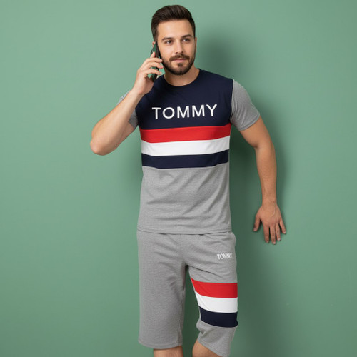 ست تیشرت و شلوارک مردانه جنس نخی و ملانژ( ارسال فوری) TOMMY