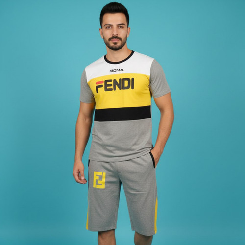 ست تیشرت و شلوارک مردانه( ارسال فوری) نخی و ملانژ طرح FENDI زرد