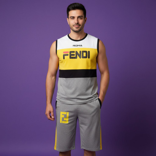 ست تاپ و شلوارک مردانه (ارسال فوری) جنس نخی و ملانژ طرح FENDI