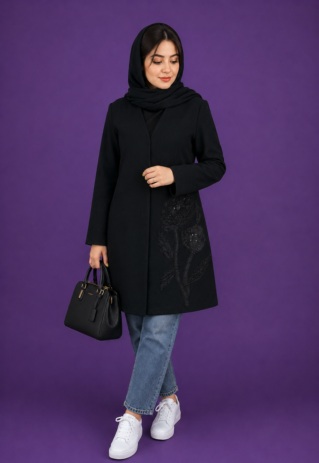 مانتو زنانه مجلسی کرپ( ارسال فوری)مشکی طرح تک گل