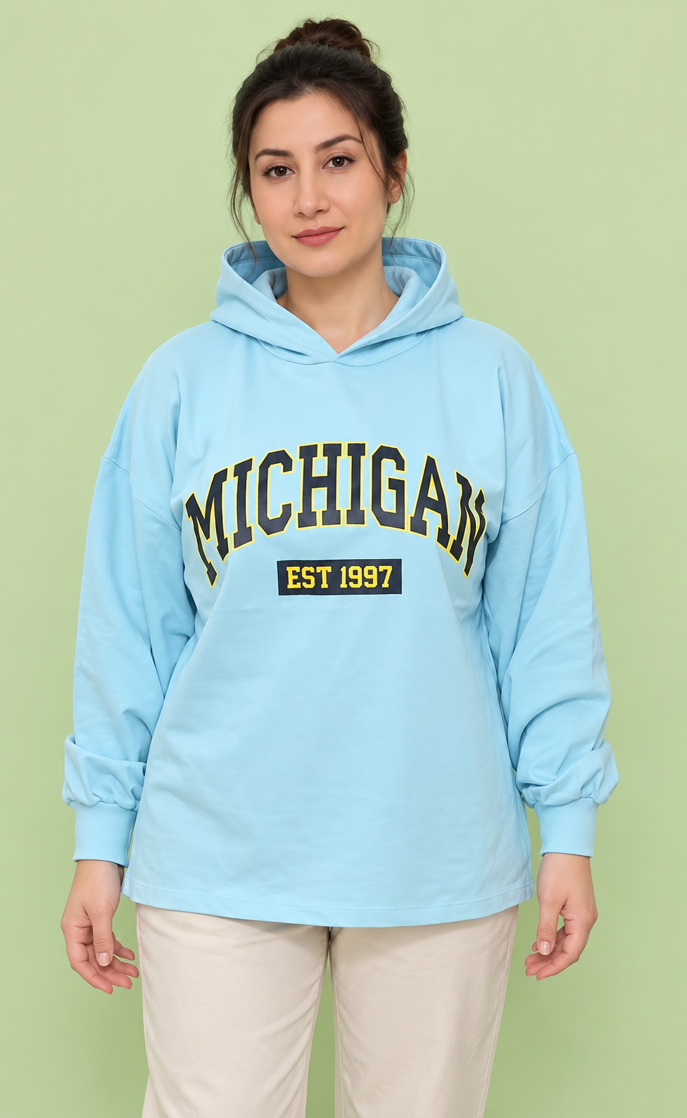 پاییزه باکسی کلاهدار زنانه پنبه دورس طرح MICHIGAN