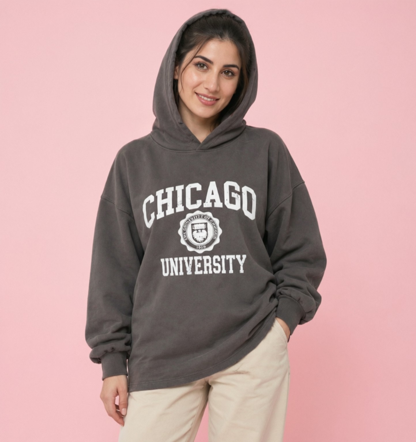 پاییزه باکسی کلاهدار زنانه پنبه دورس طرح CHICAGO